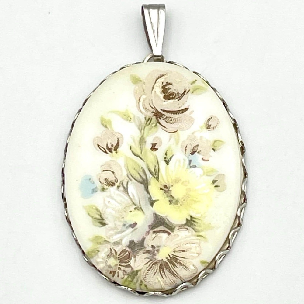 Vintage 1940s Hand Painted Porcelain Floral Cameo Pendant Silver Tone 2"